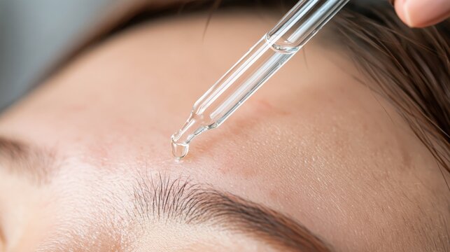 Close up of glass dropper applying clear serum onto human forehead skin