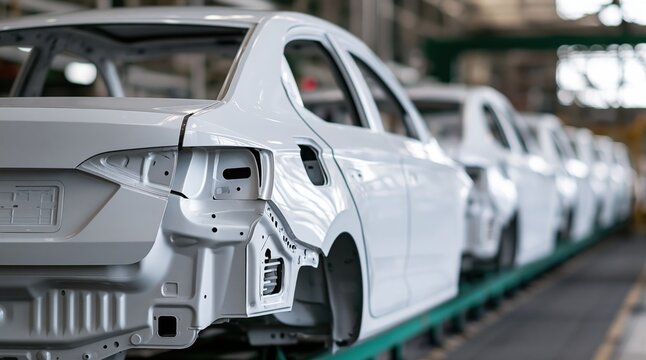 White car chassis on assembly line in automotive manufacturing plant
