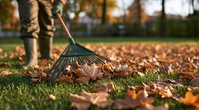 Person raking dry fallen maple leaves from green grass in autumn garden