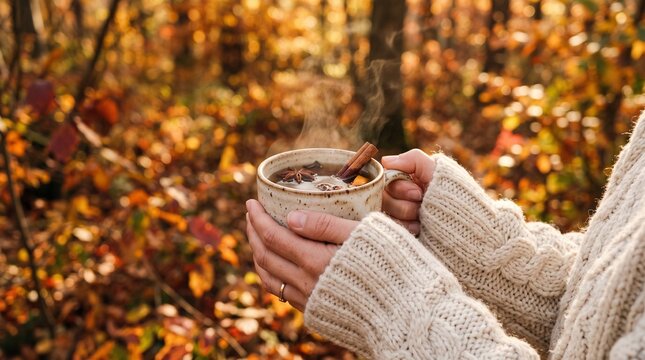Cozy Autumn Scene Person Holding Warm Spiced Drink in Forest with Fall Foliage