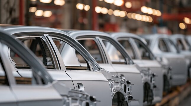 Incomplete silver car body shells on assembly line in automotive factory