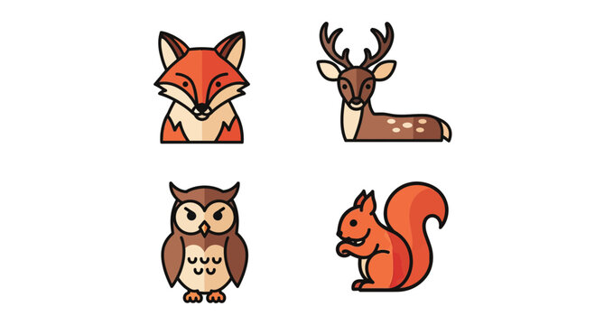 Autumn forest animal icons featuring fox deer owl and fall squirrel