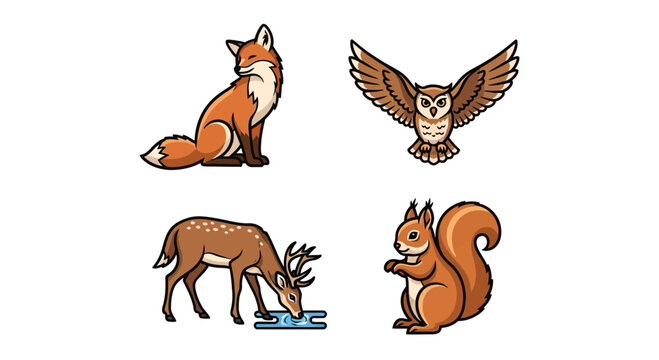 Autumn forest animals icon set with fox owl deer and squirrel