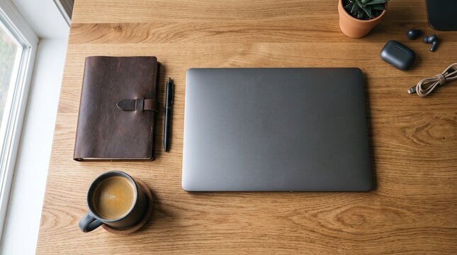 Modern Workspace Setup with Laptop Notebook Coffee and Earbuds on Wooden Desk