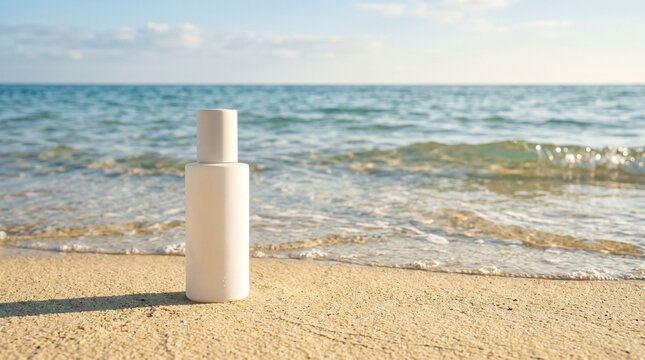 White sunscreen bottle on sandy beach with ocean waves and blue sky in background