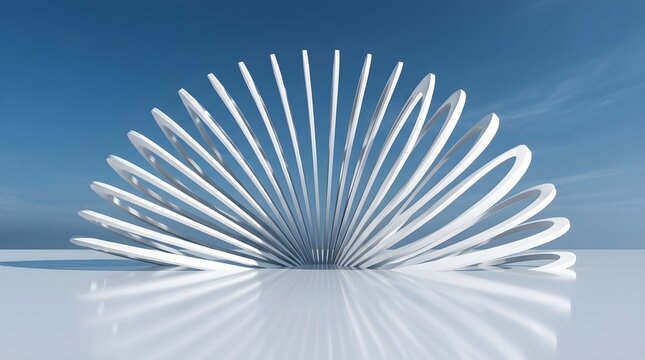 Abstract metal coil spring motion sculpture on reflective surface with abstract