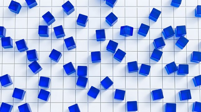 Top view of blue translucent cubes scattered on white grid with translucent