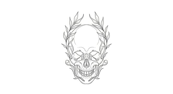 A detailed black and white line drawing depicts a skull adorned with laurel branches. The skull's features are meticulously rendered, showcasing its bone structure.