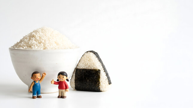 山盛りのごはん茶碗と大きな海苔おにぎりを背にポーズをとる子供ミニチュア
