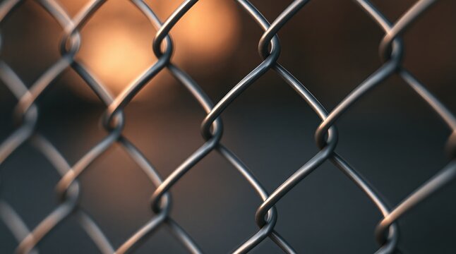 Close up metallic wire chain link fence with golden bokeh background