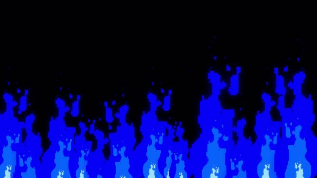 Animation blue fire flame background with pixel style and fire burning glow effect , seamless looping on black background. alpha channel only 4k