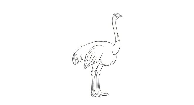 A line drawing of an ostrich stands upright on a white background. The ostrich has a long neck, a small head, and distinctive feathers.