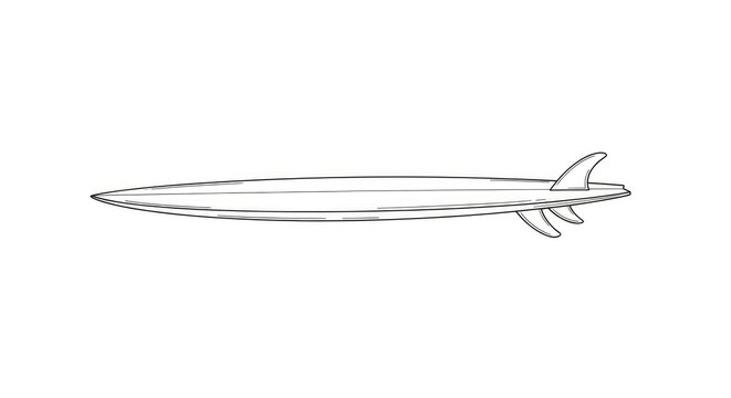 A surfboard is shown in a side profile. The surfboard is long and sleek with a single fin.