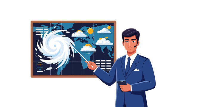 Hispanic Female Meteorologist Pointing at Weather Icon
