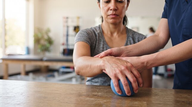 Adult woman performing a gentle wrist mobility exercise with an unbranded therapy ball during rehabilitation in a clean clinical setting.