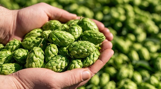 Man holding handful of fresh green hop cones in hop farm