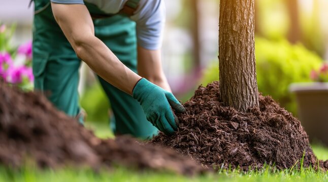 Professional gardener hands spreading woodchip mulch around tree base