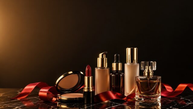 Cosmetics collection with makeup and perfume on dark background