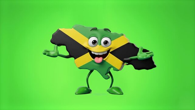Energetic 3D cartoon mascot shaped like the map and flag of Jamaica, dancing with a huge smile and open arms, isolated on a bright chroma key green screen background. Perfect for travel agency commerc