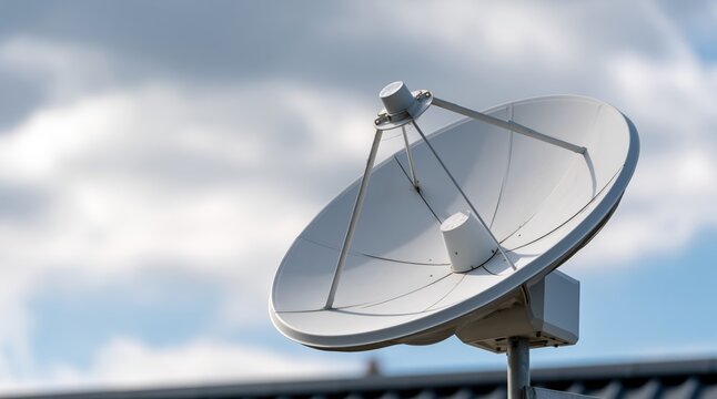 White satellite dish antenna against cloudy sky background
