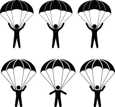 Six figures with parachutes descending during a sporting event against a white background