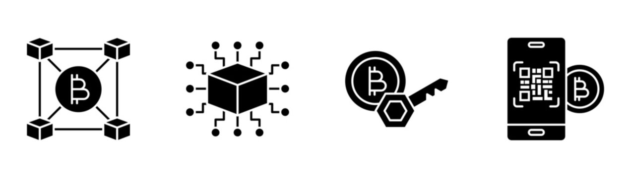 Decentralized blockchain icon set collection featuring crypto key, QR code, peer to peer network, digital ledger, cryptocurrency security vector illustration