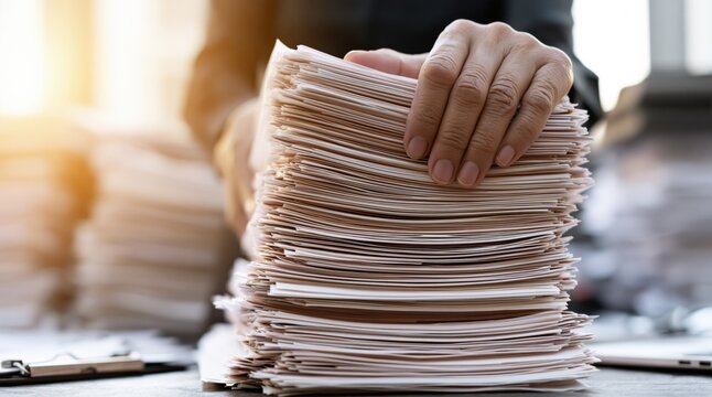 Person hand pressing large stack of papers in office