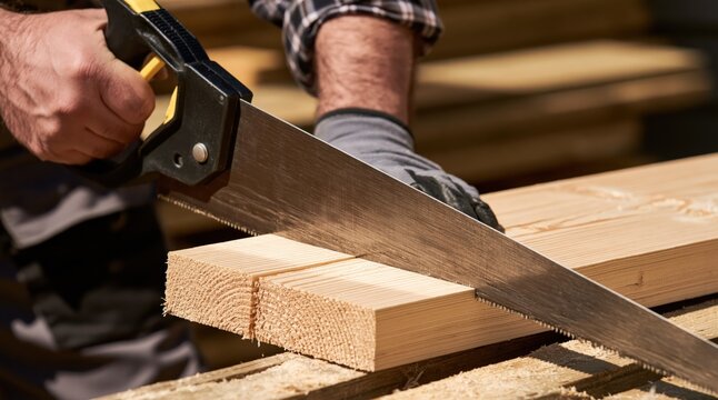 Close up of man sawing wooden plank with manual saw