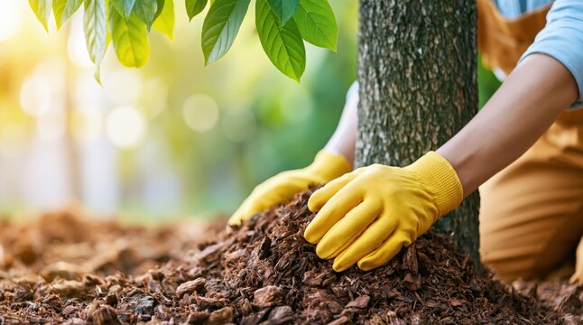 Gardener hands in gloves mulching tree base with wood bark in sunny garden