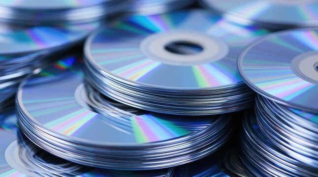 Multiple stacks of optical discs with rainbow reflections on surface