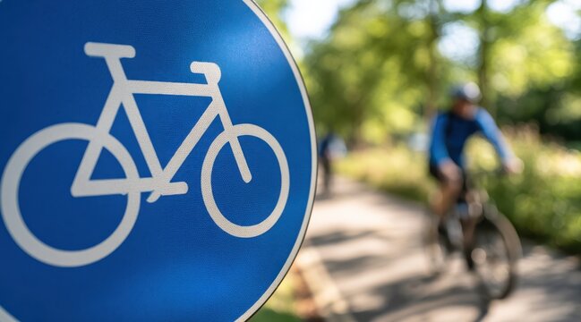 Blue bicycle lane sign with blurred cyclist in background
