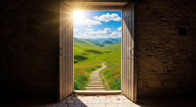 A weathered wooden door opens into a stone wall, revealing a vibrant landscape.