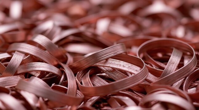 Close up of curled copper metal shavings