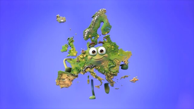 A cute 3D animated mascot in the shape of the European continent map with detailed terrain, mountains, and vegetation, running energetically on a bright blue studio backdrop. Excellent for European Un