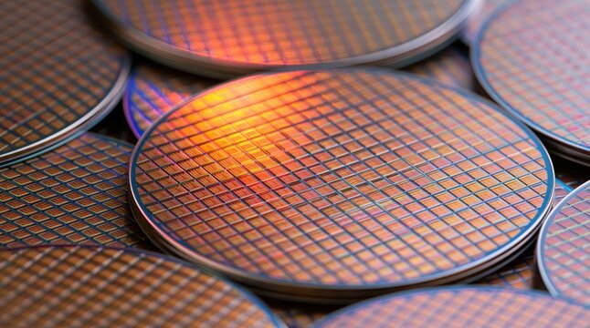 Silicon wafers with microchip patterns reflecting colorful light