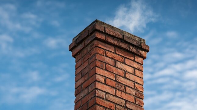 Red brick chimney top against blue cloudy sky