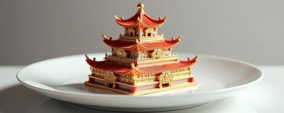 Ornate nian gao pyramid on a stark white plate, gleaming subtly , nian gao, auspicious
