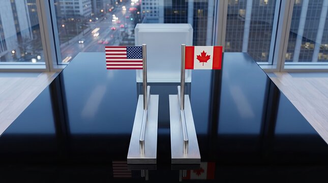 US and Canadian desk flags standing together on glossy reflective table surface near window background