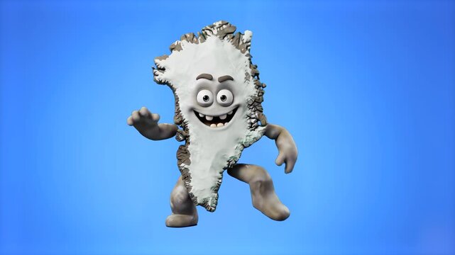 A funny 3D mascot shaped like the ice-covered map of Greenland dances merrily against a solid blue background. Excellent for geography lessons, climate change educational videos, and travel trivia con