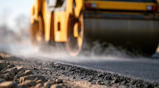 Yellow road roller compacting fresh steaming asphalt on construction site