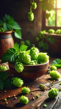 A rustic wooden bowl overflows with vibrant green hop cones on a distressed table