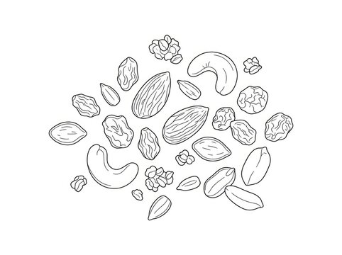 A collection of various nuts is scattered across a light beige background. Almonds, cashews, walnuts, and pistachios are depicted in a loose, organic arrangement.
