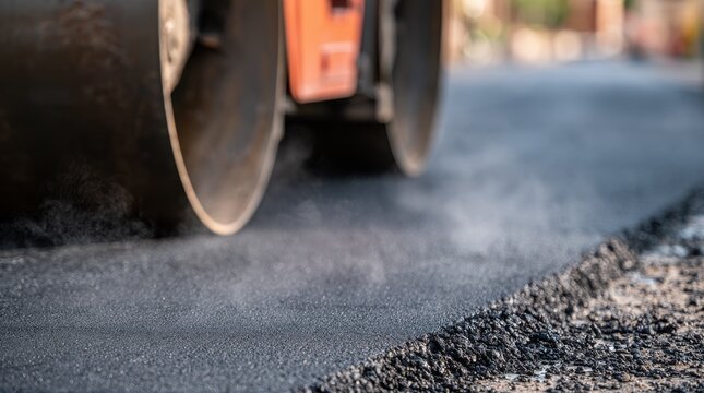 Close up of road roller flattening steaming asphalt on construction site
