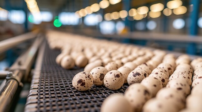 Speckled quail eggs moving on conveyor belt in food processing plant