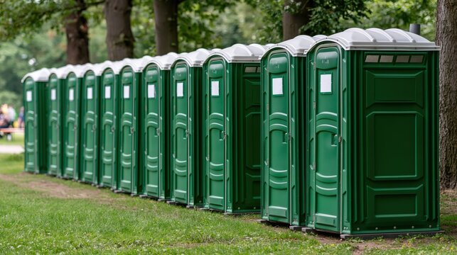 Row of green portable toilets in public park
