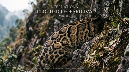 International Clouded Leopard Day August 4 poster with wild cat climbing rocky mountain © Dilhara