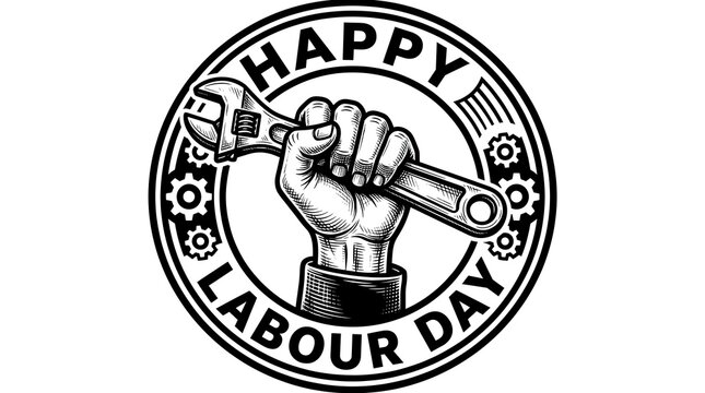 Happy Labour Day black line art emblem with strong hand holding wrench icon logo design
