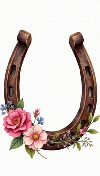 Rustic watercolor horseshoe, wildflowers, farmhouse style , delicate, romantic, hand-painted