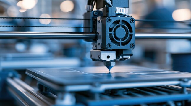 Close up of 3D printer head printing on build plate