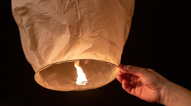 Hand holding paper sky lantern with burning fire inside against black background